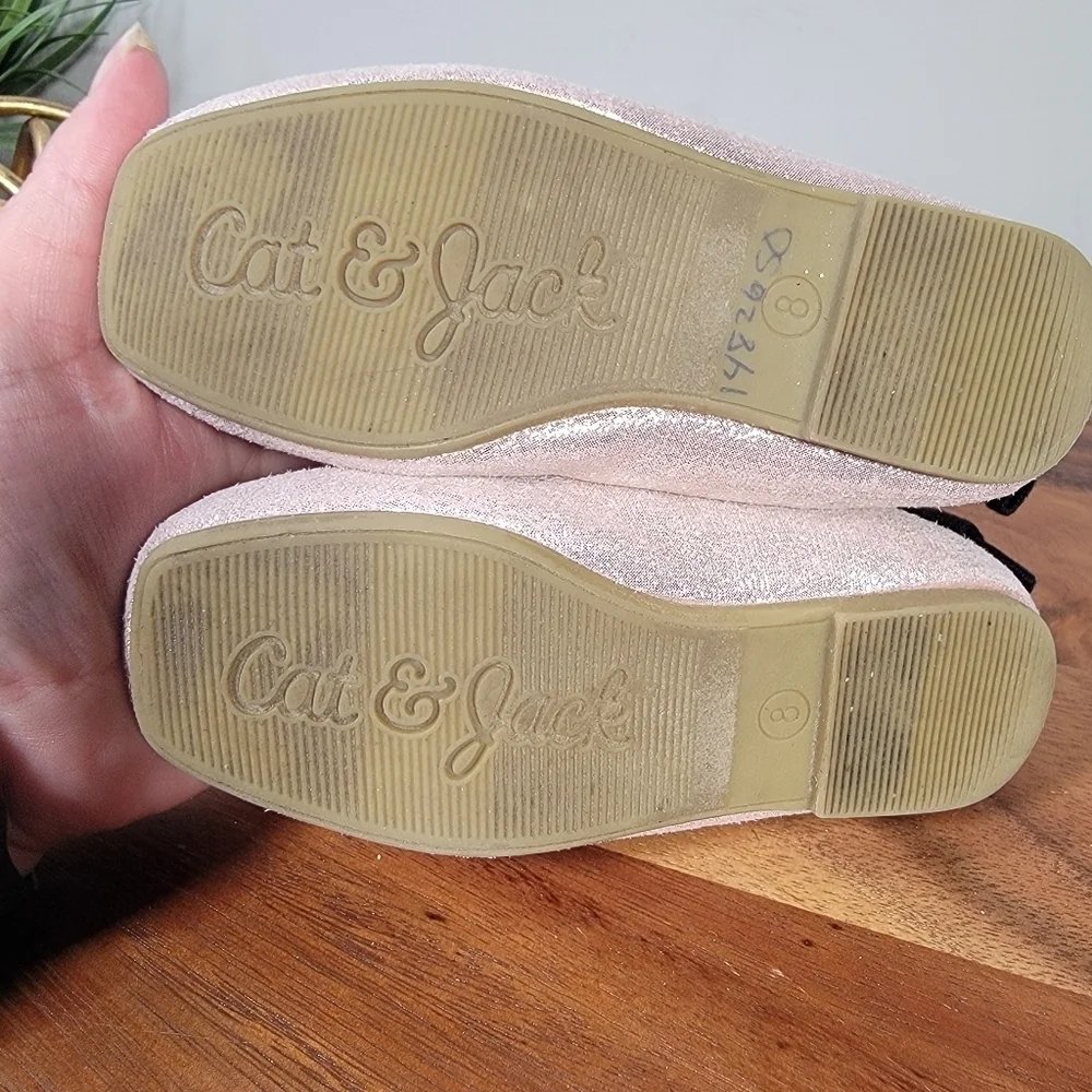 Cat & Jack Pink Shimmer Ballet Flats Girls Size 8 Criss Cross Top Back Bow